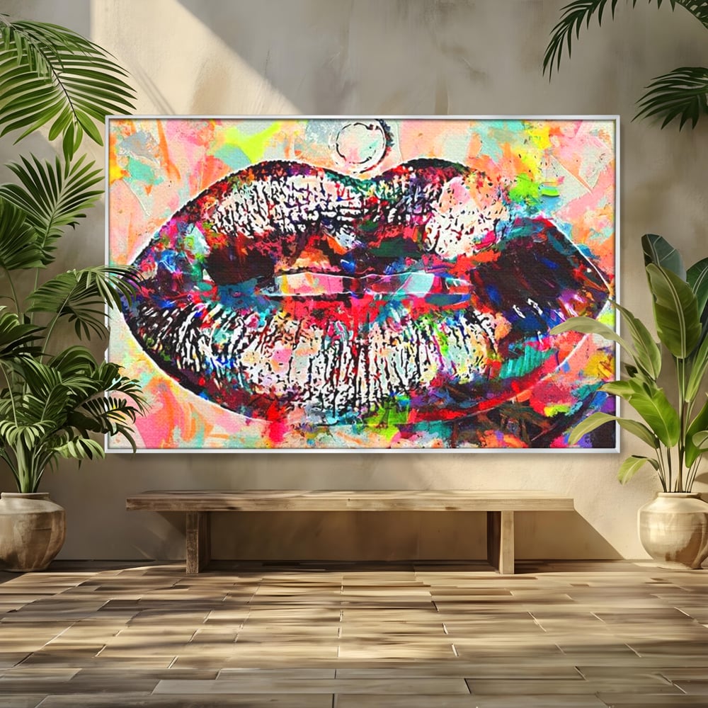 Tablou canvas cu tablou canvas cu buze pop art, in rama de aluminiu argintiu
